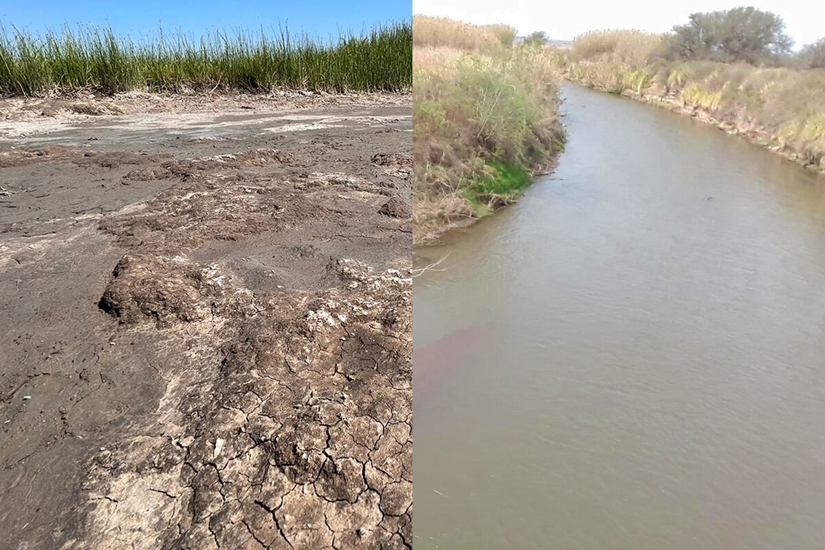 Laguna La Brava, La Carlota. Antes y después de la sequía extrema que vive Córdoba. (Fotomontaje Martín Ferraro / La Voz)