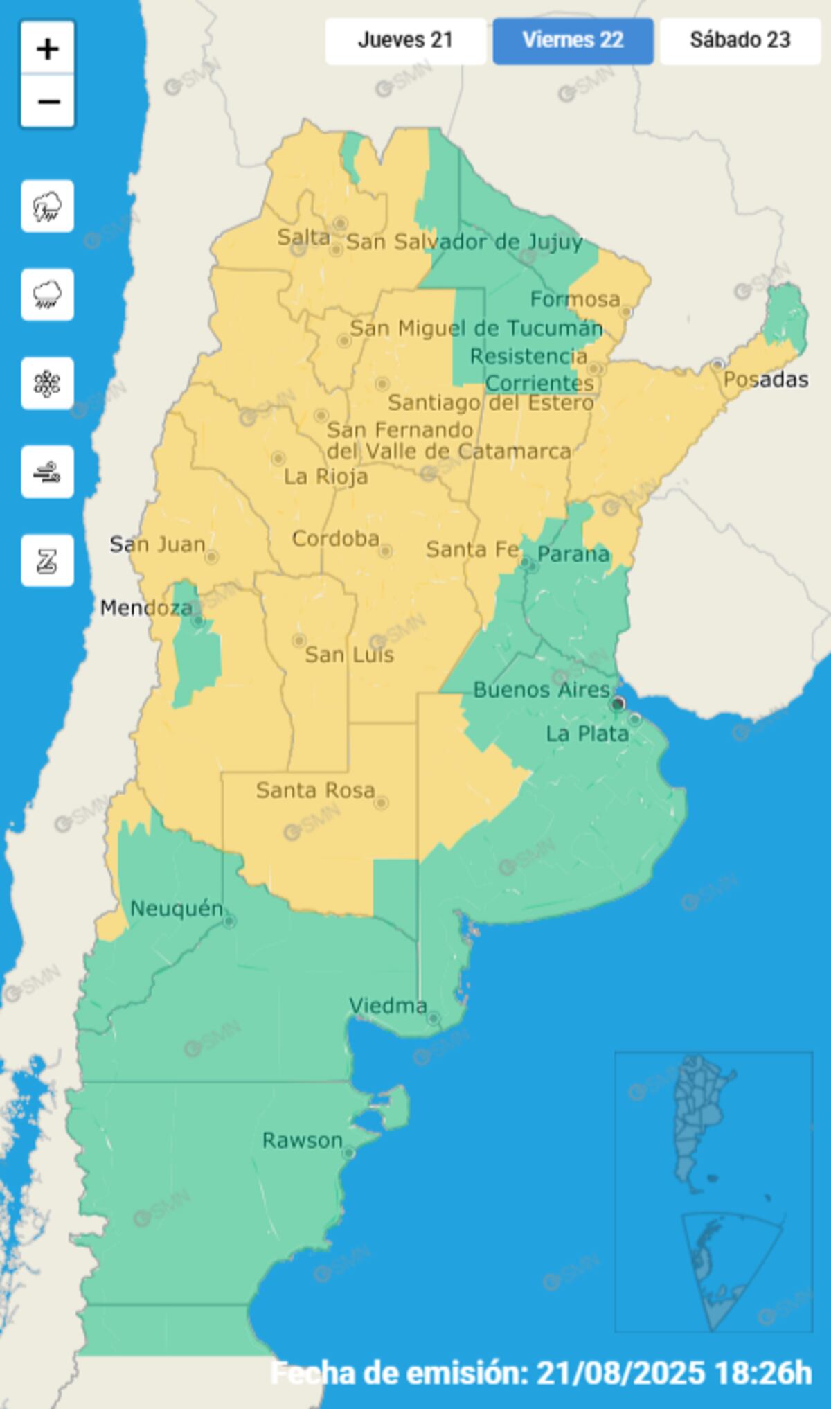 Clima. Alerta amarilla por fuertes ráfagas de viento para este viernes 22 de agosto. (SMN)