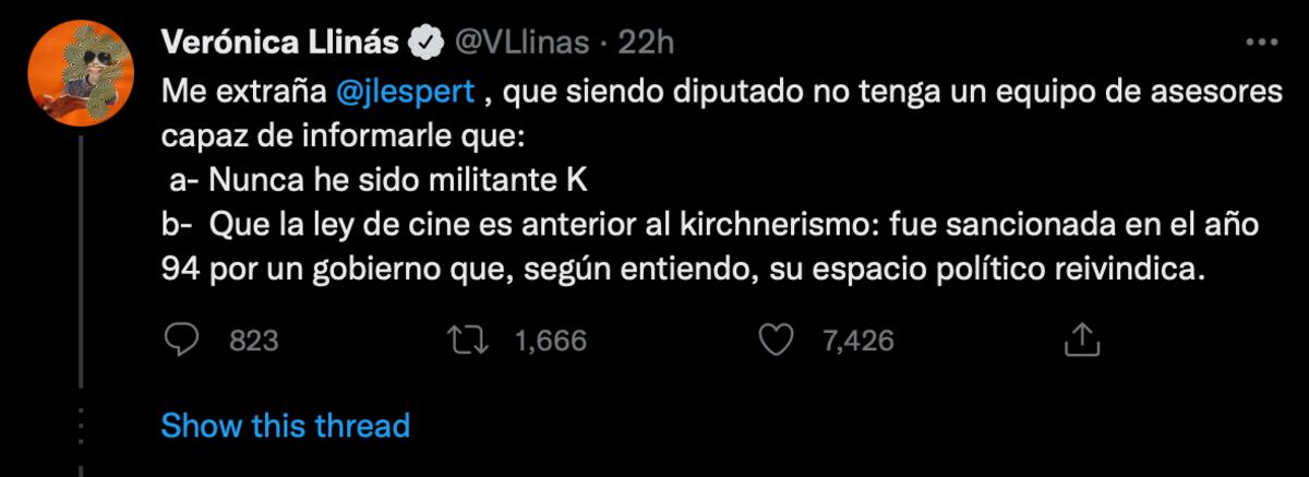Los tuits del cruce entre Verónica Llinás y Luis Espert por el INCAA.