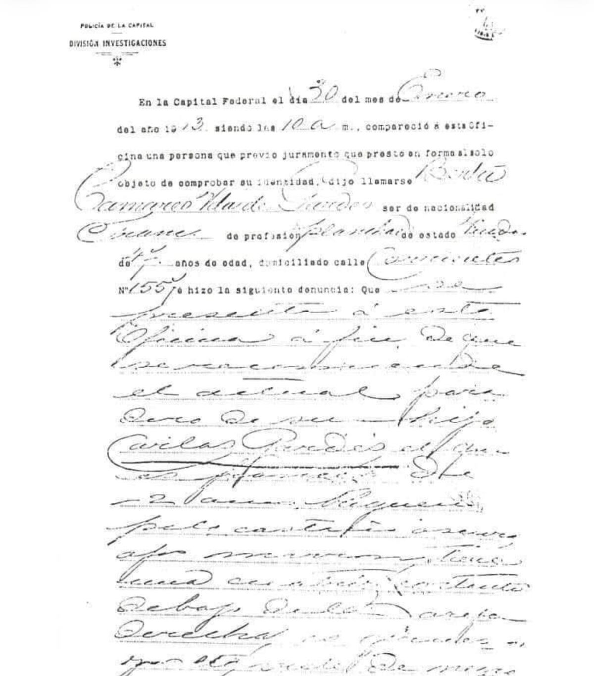 Copia de una denuncia policial hecha el 30 de enero de 1913 por la madre de Gardel en la División Investigaciones de la Policía de la Capital Federal, para que se investigue el paradero de su hijo.