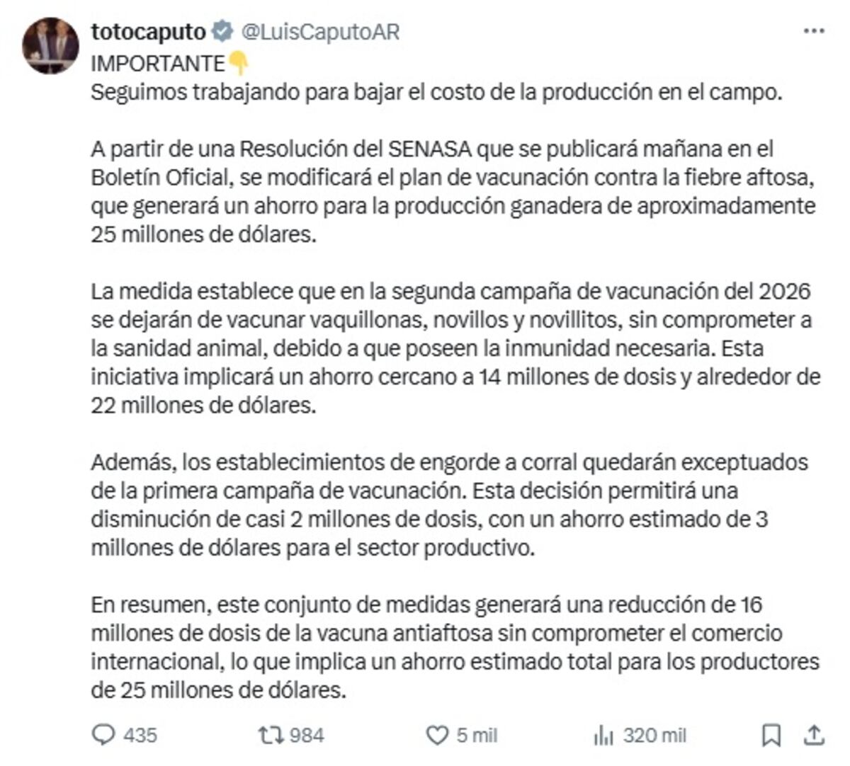 Ministro de Economía a través de la red "X".