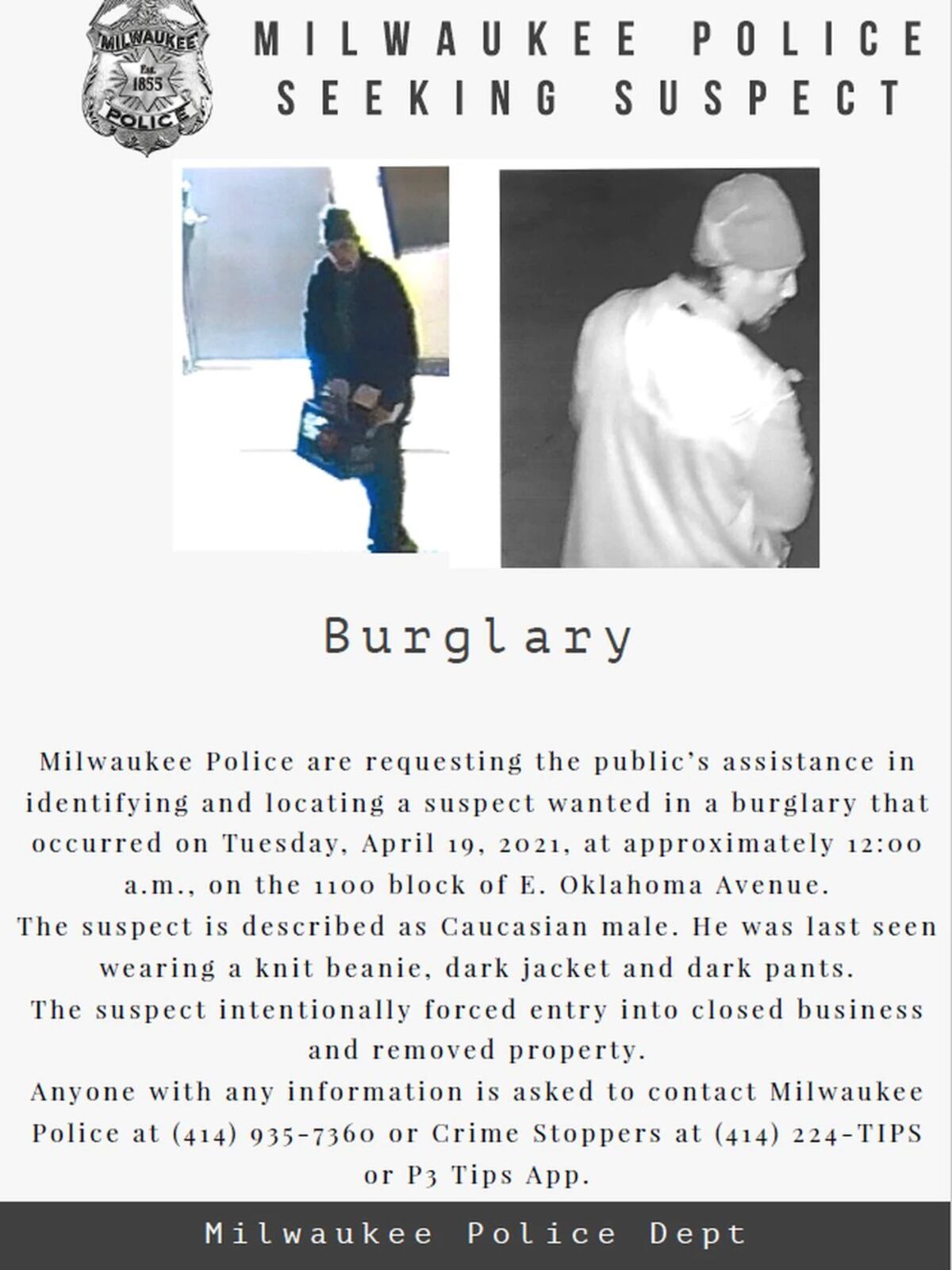 El cartel de búsqueda de la Policía de Milwaukee.