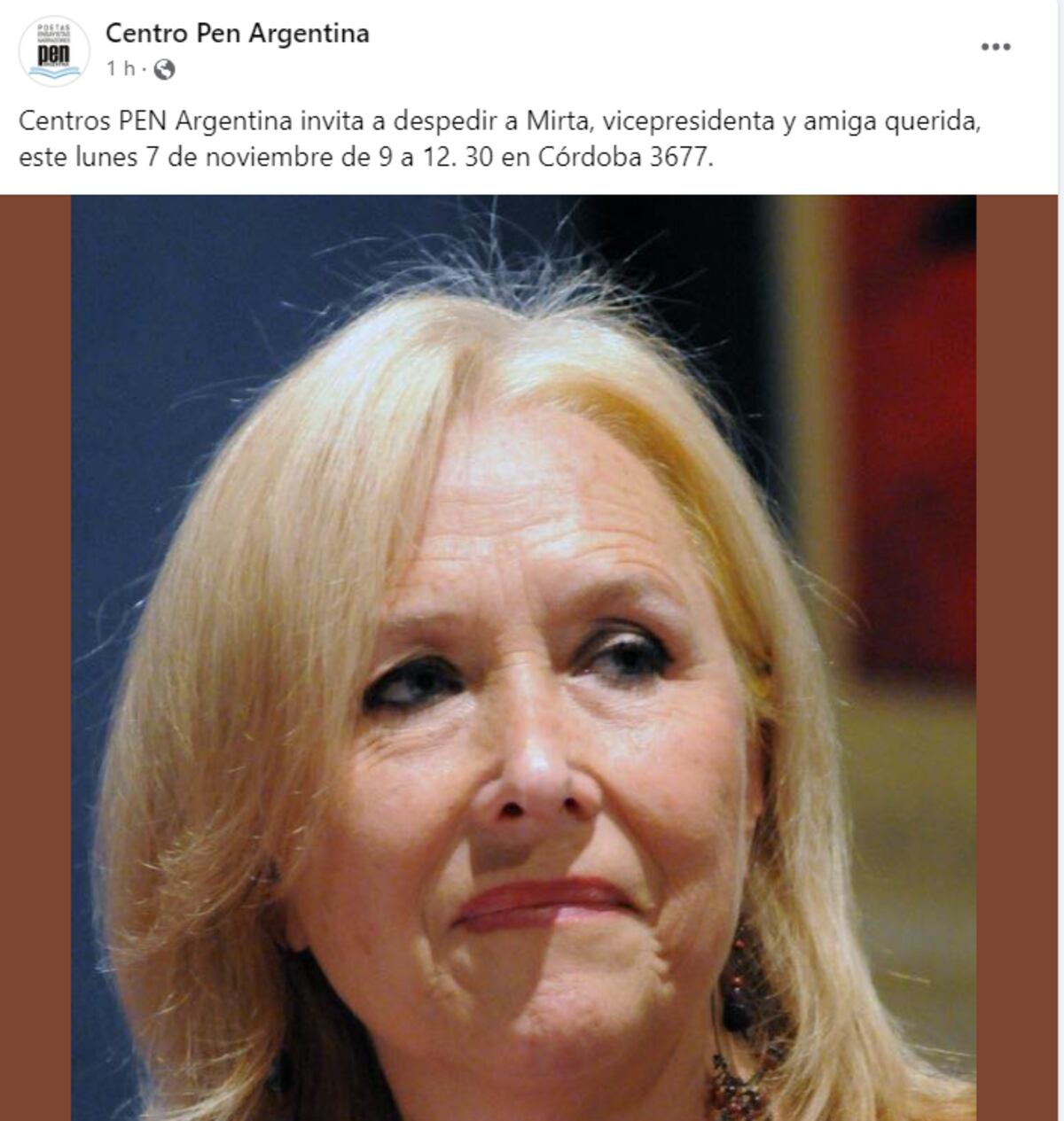 Centro PEN despidió a Mirta Hortas. (Facebook Centro Pen)