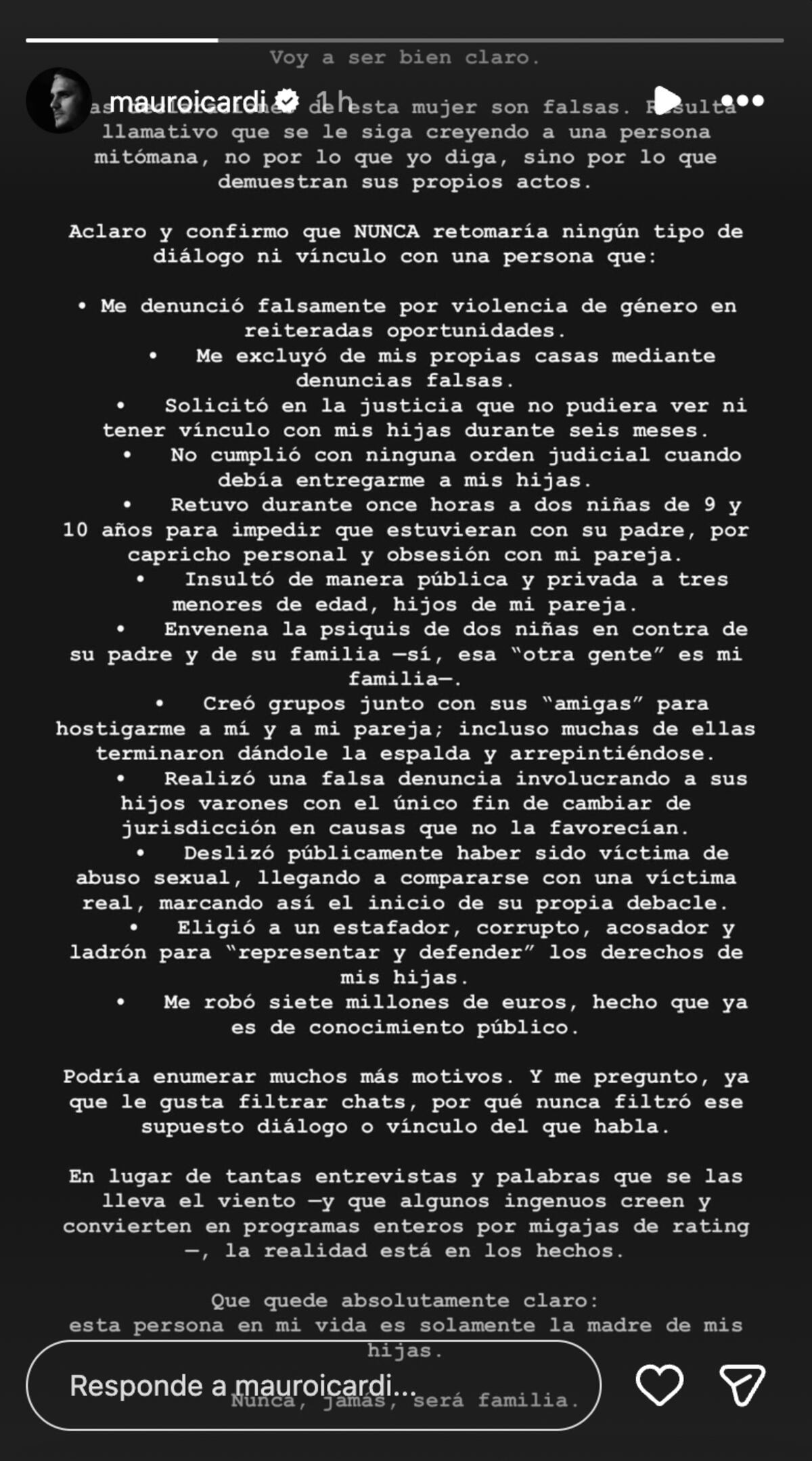 Mauro Icardi desmintió los dichos de Wanda Nara a través de sus historias de Instagram. (foto: Captura de pantalla)