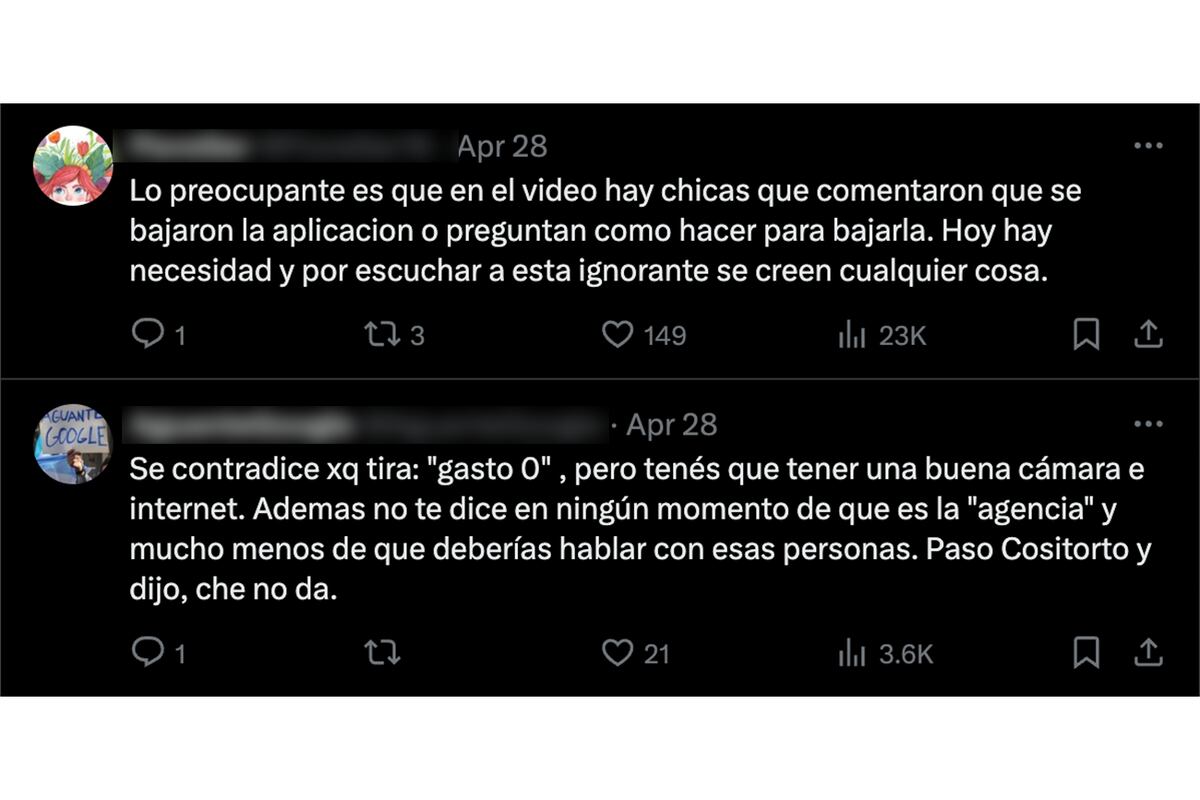 Las opiniones de los usuarios de X (antes Twitter) sobre el video de Kami Franco promocionando una "agencia de streaming" de contenido para adultos. (Fotos: captura de pantalla)