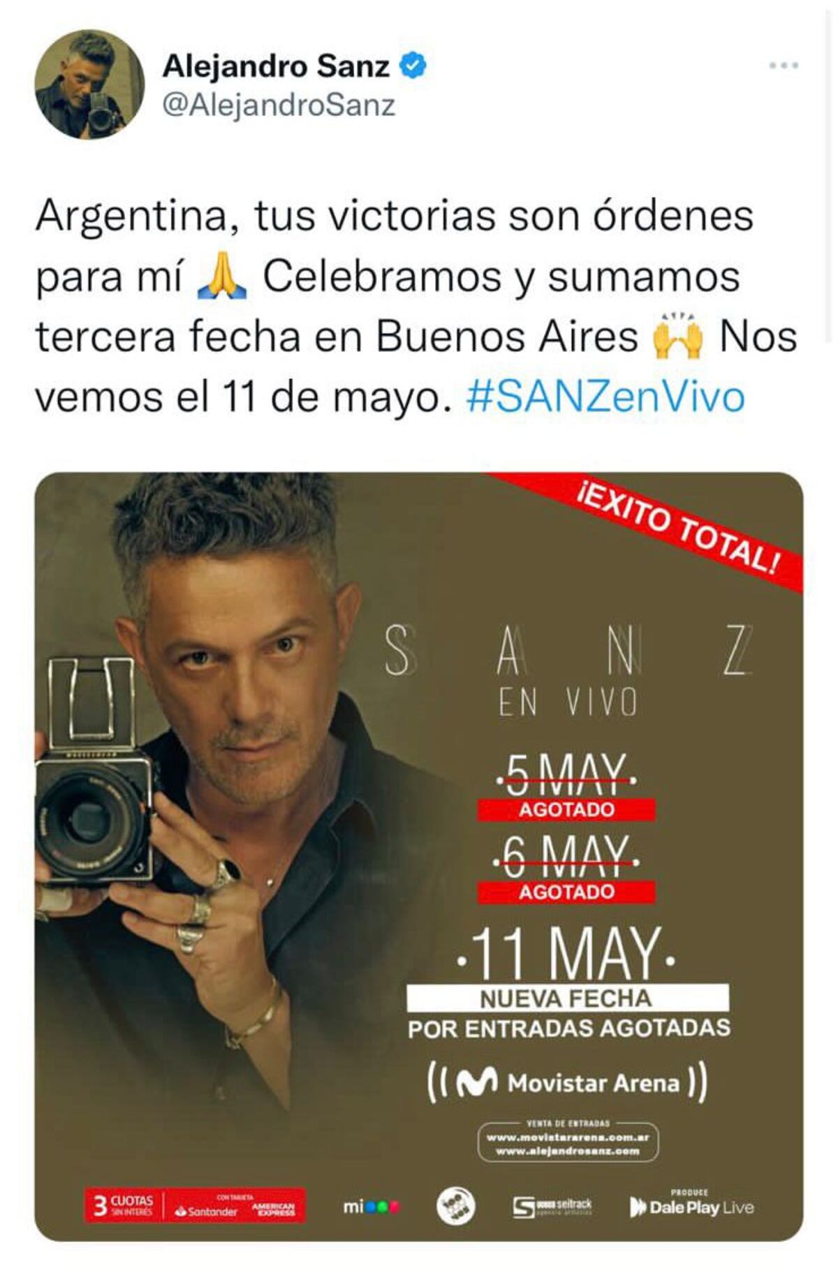 El tuit de Alejandro Sanz anunciando una nueva fecha en Buenos Aires.