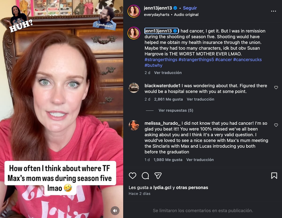 La publicación de Jennifer Marshall en Instagram sobre su ausencia en la quinta entrega de Stranger Things. (Foto: Captura de pantalla)