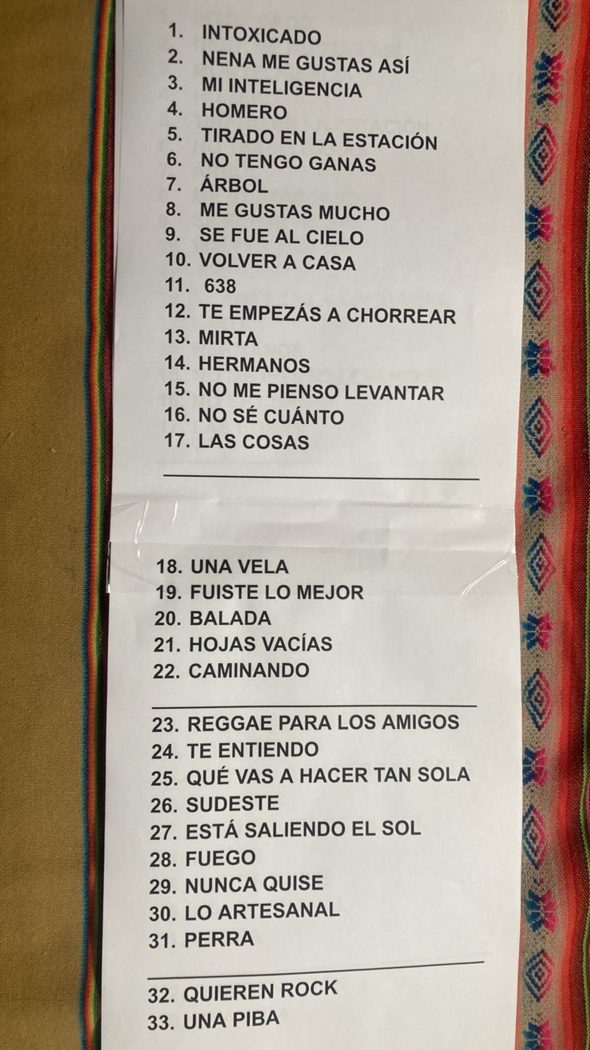 La lista de temas del show en el Pity Álvarez en el Kempes. (X @josedpalazzo)