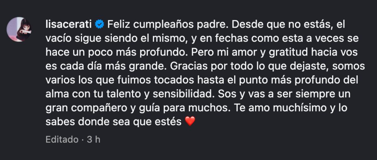 El mensaje que Lisa Cerati le dedicó a su papá en el que hubiese sido su cumpleaños número 66. (Foto: captura de pantalla)