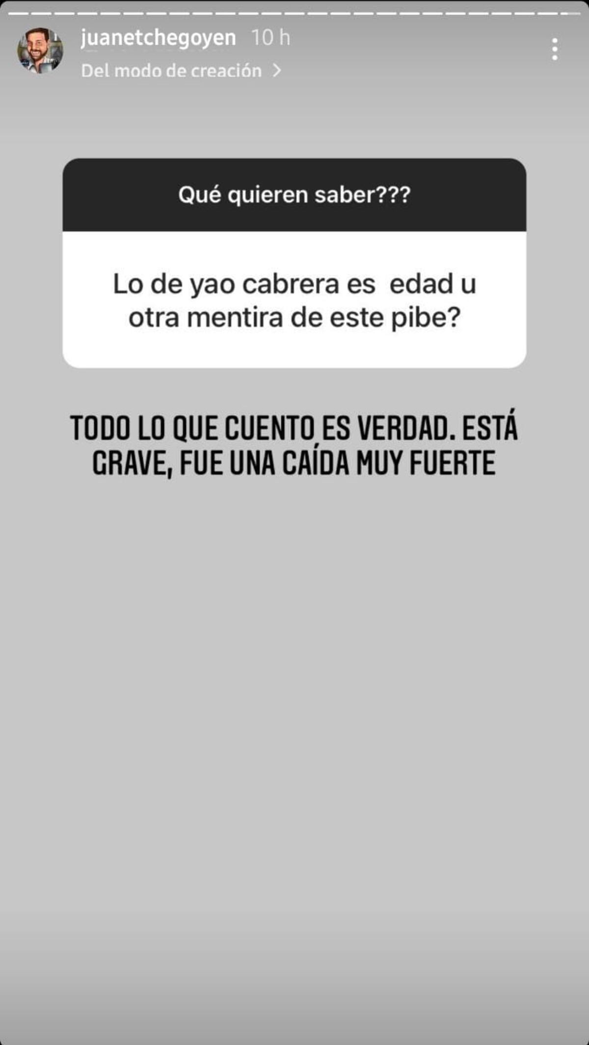 Juan Etchegoyen publicó la noticia de Yao Cabrera en sus redes sociales.