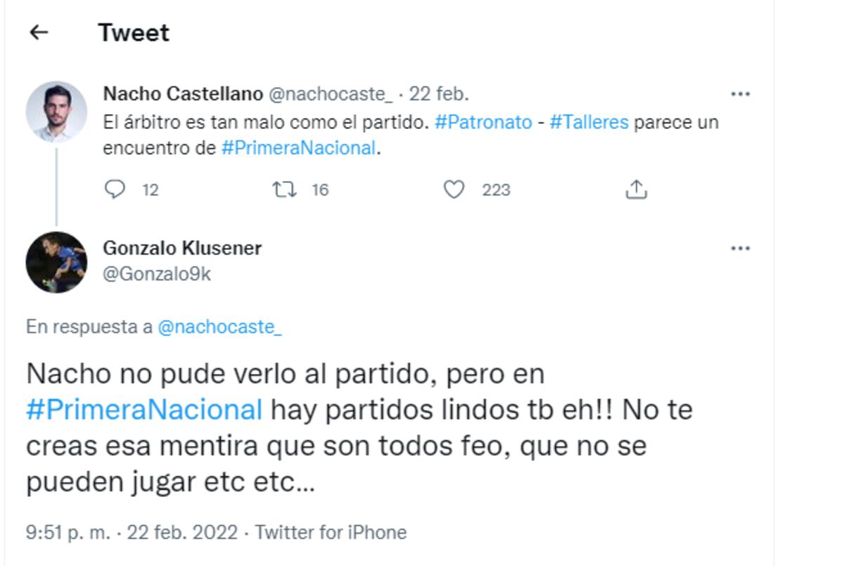 La respuesta de Klusener al periodista "Nacho" Castellano en Twitter. (Captura web).
