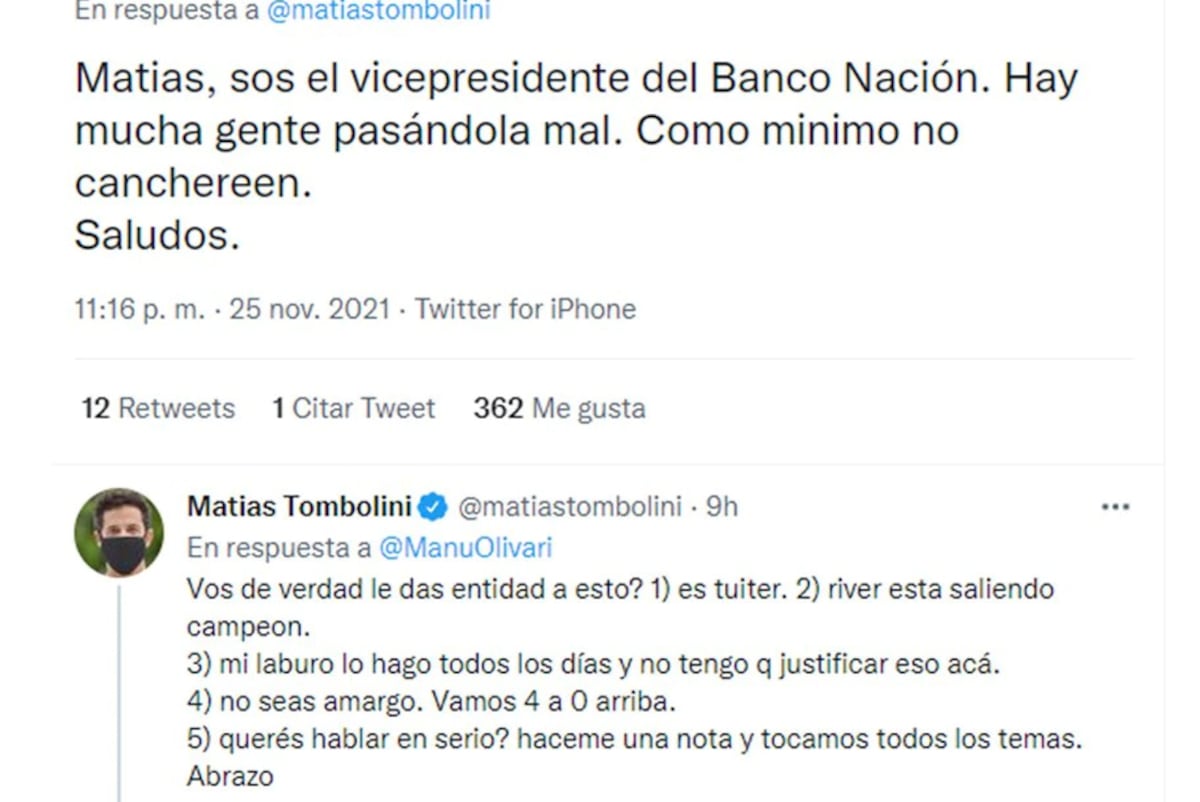 Los comentarios de Tombolini en Twitter (Captura).