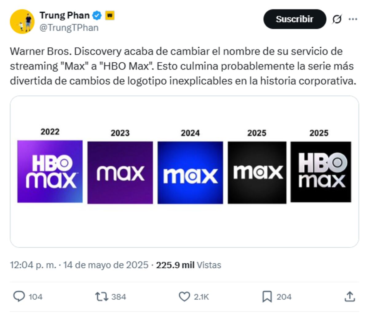 Un usuario de Twitter (ahora X) comenta sobre los cambios de logotipo de la plataforma de streaming de HBO