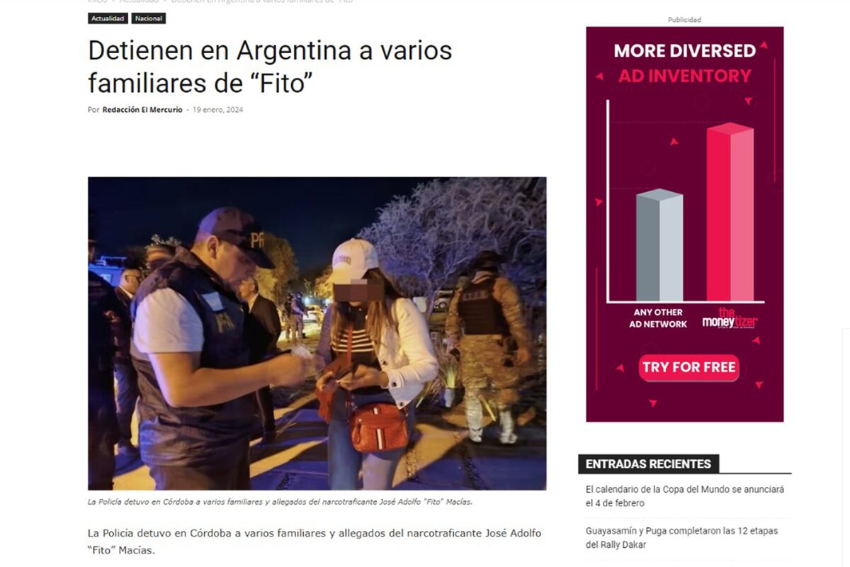 Medios ecuatorianos reflejan la noticia de la detención en Córdoba de familiares de Fito Macías. (Captura de pantalla)