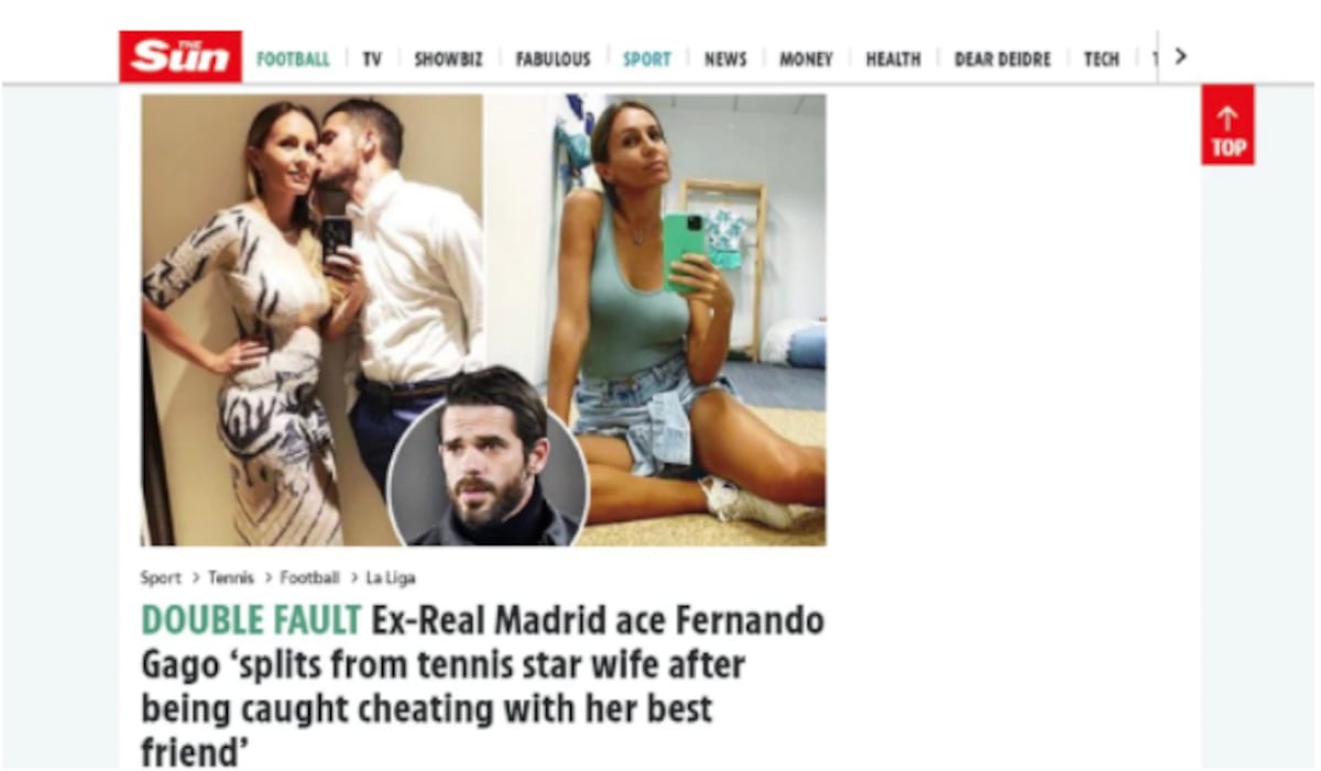 Captura del sitio The Sun sobre la separación de Fernando Gago y Gisela Dulko