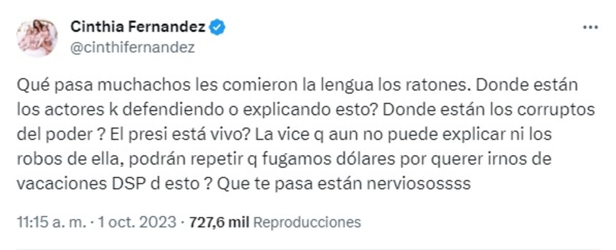 La reacción de los famosos al debate presidencial: Cinthia Fernández