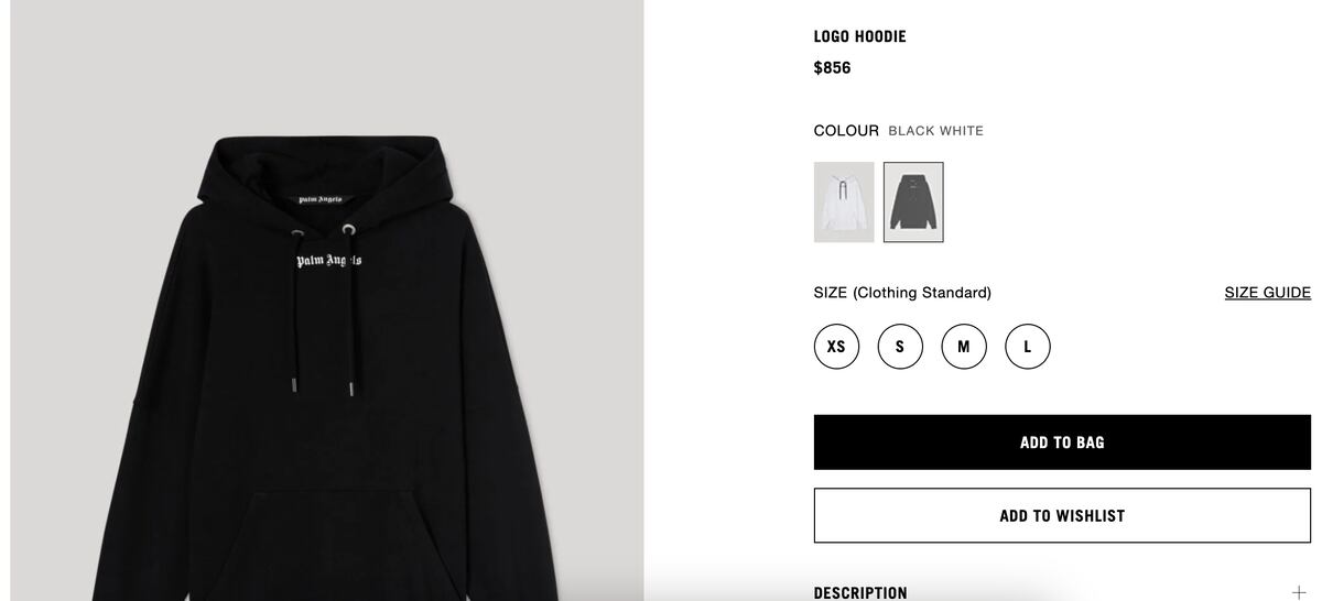 El precio de uno de los buzos de Palm Angels, similar al de Messi. (Foto: Captura de pantalla)