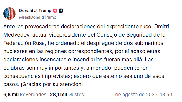 Las declaraciones de Trump en su red social.