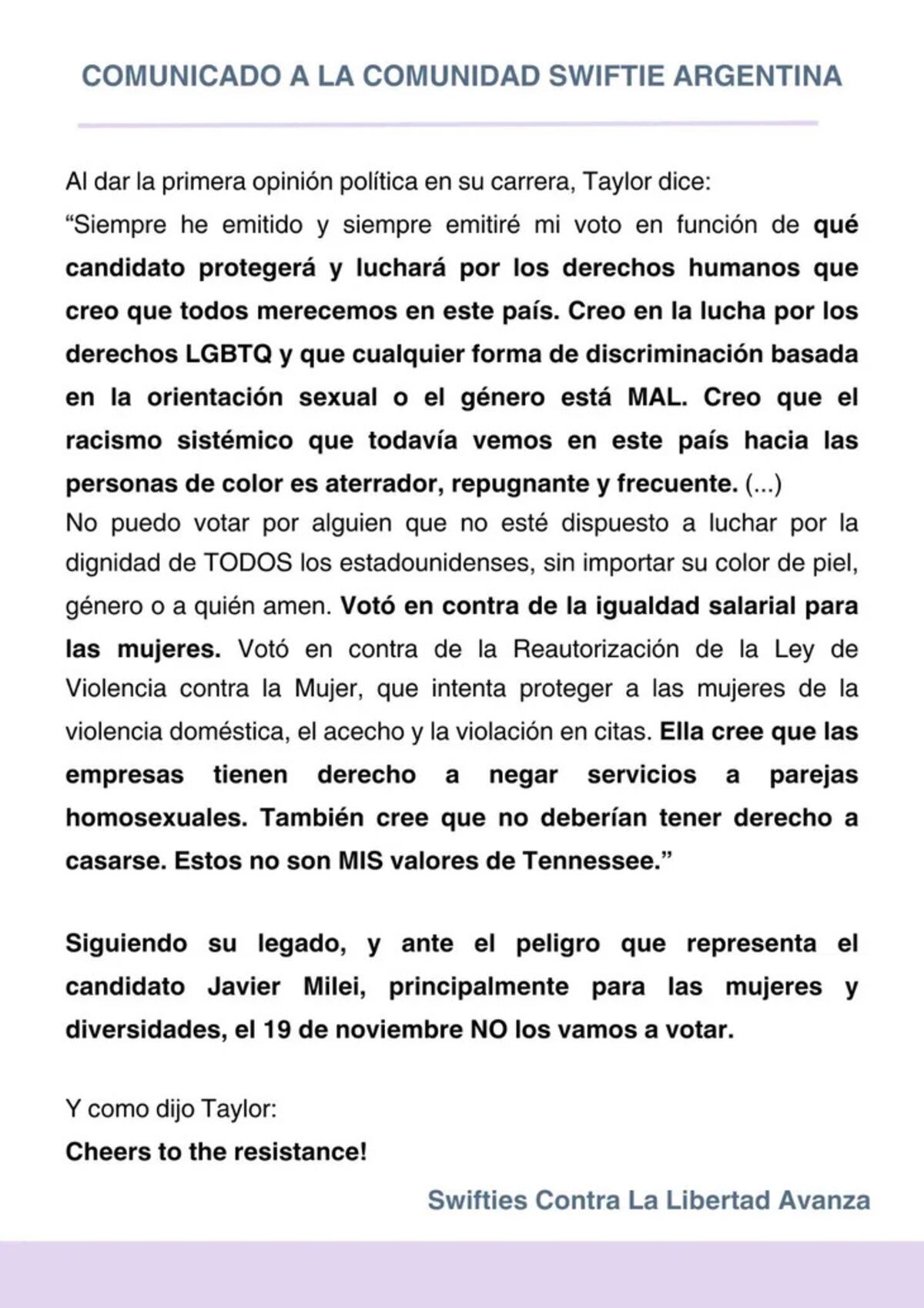 El club de fans de Taylor Swift se declaró en contra de La libertad Avanza