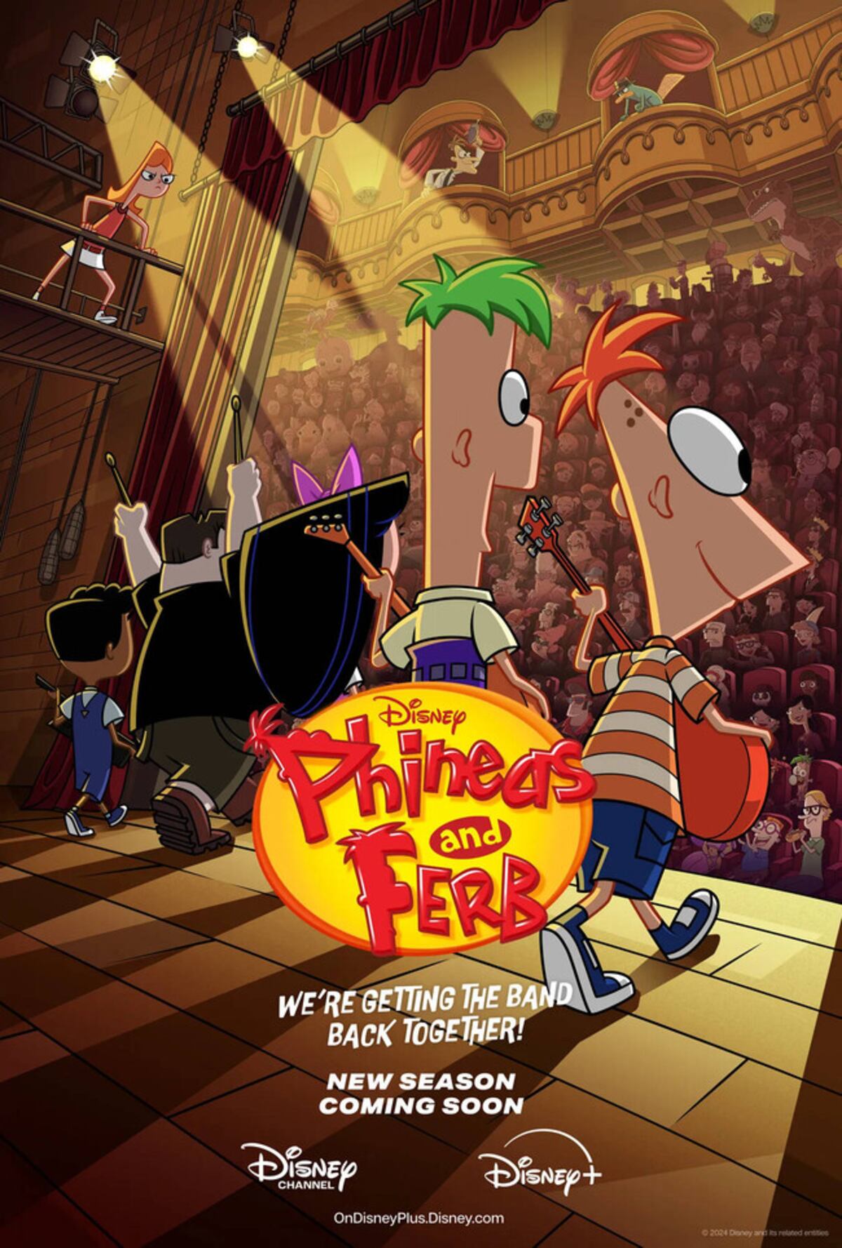 Poster promocional de la quinta temporada de Phineas y Ferb. El texto dice "¡Estamos reuniendo de nuevo la banda!", en referencia al capítulo homónimo donde reunen a los integrantes de la banda ficticia Love Hendel.