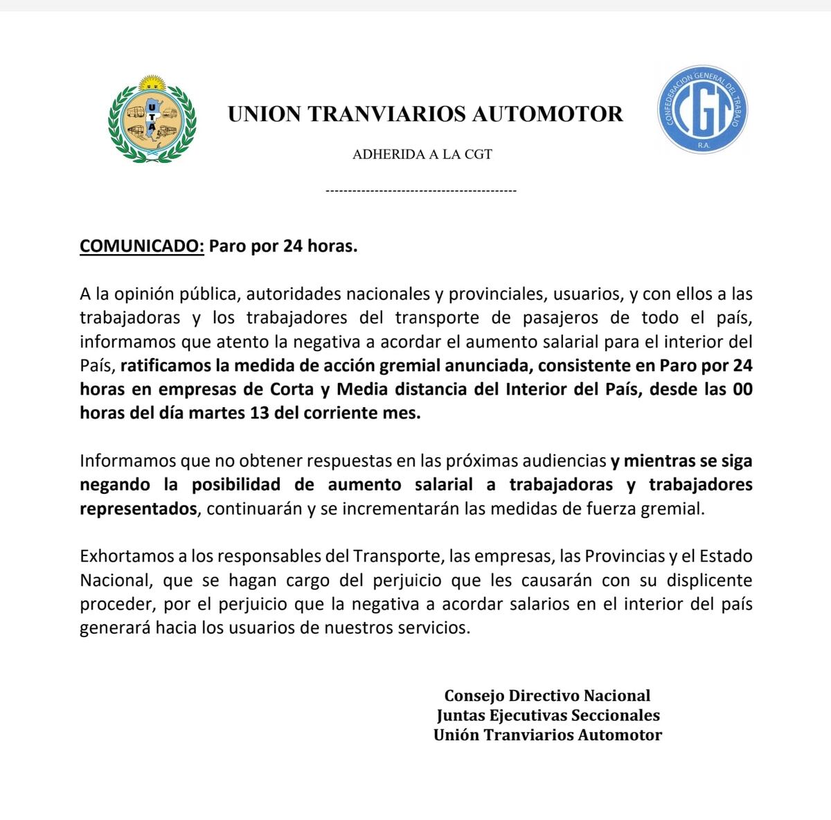 Comunicado UTA Nacional.
