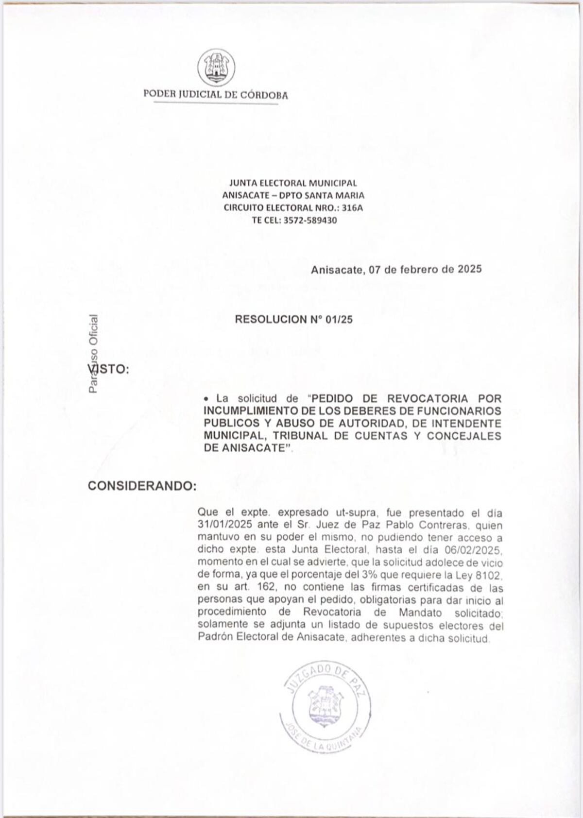 Anisacate: la Justicia frenó el pedido de revocatoria contra la intendenta