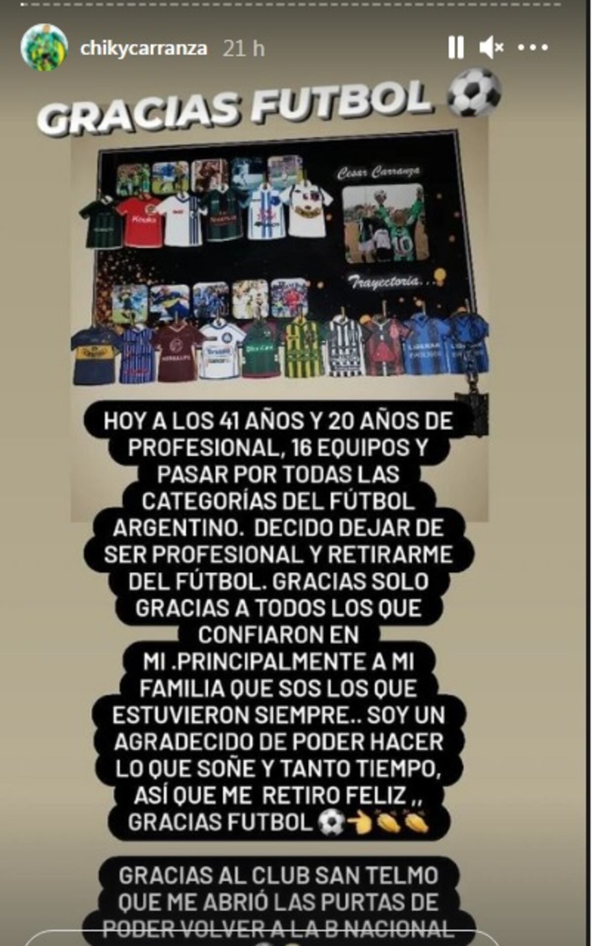 La publicación del "Chiky" Carranza donde anuncia su retiro. (Gentileza Instagram César Carranza).