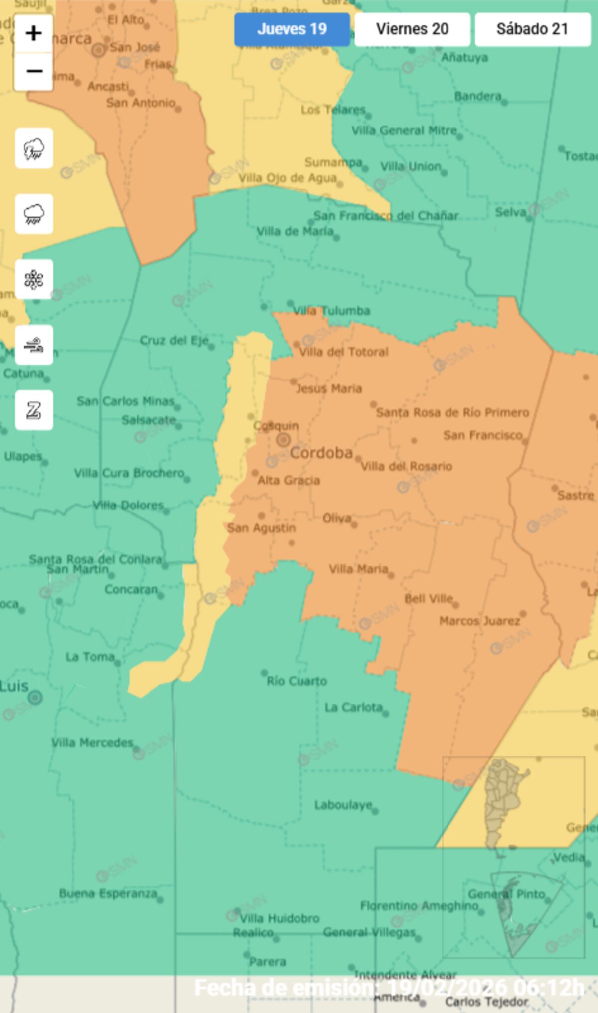 El mapa de alertas meteorológicas para este jueves en Córdoba.