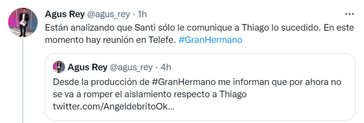 Qué podría pasar con el aislamiento de Thiago en "Gran hermano". (Twitter Agustín Rey)