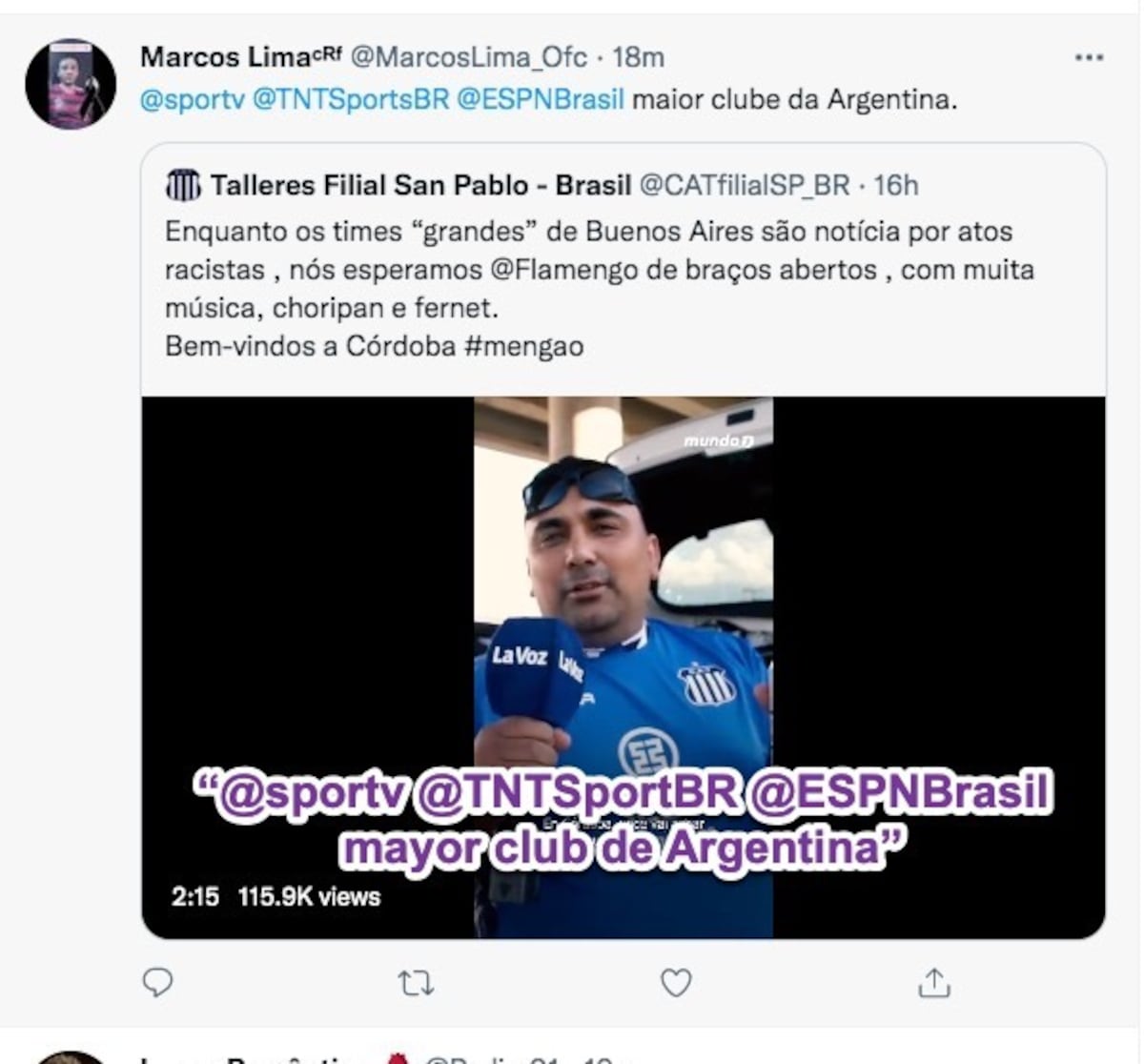 La hinchada de Flamengo elogiando a la de Talleres en redes sociales.