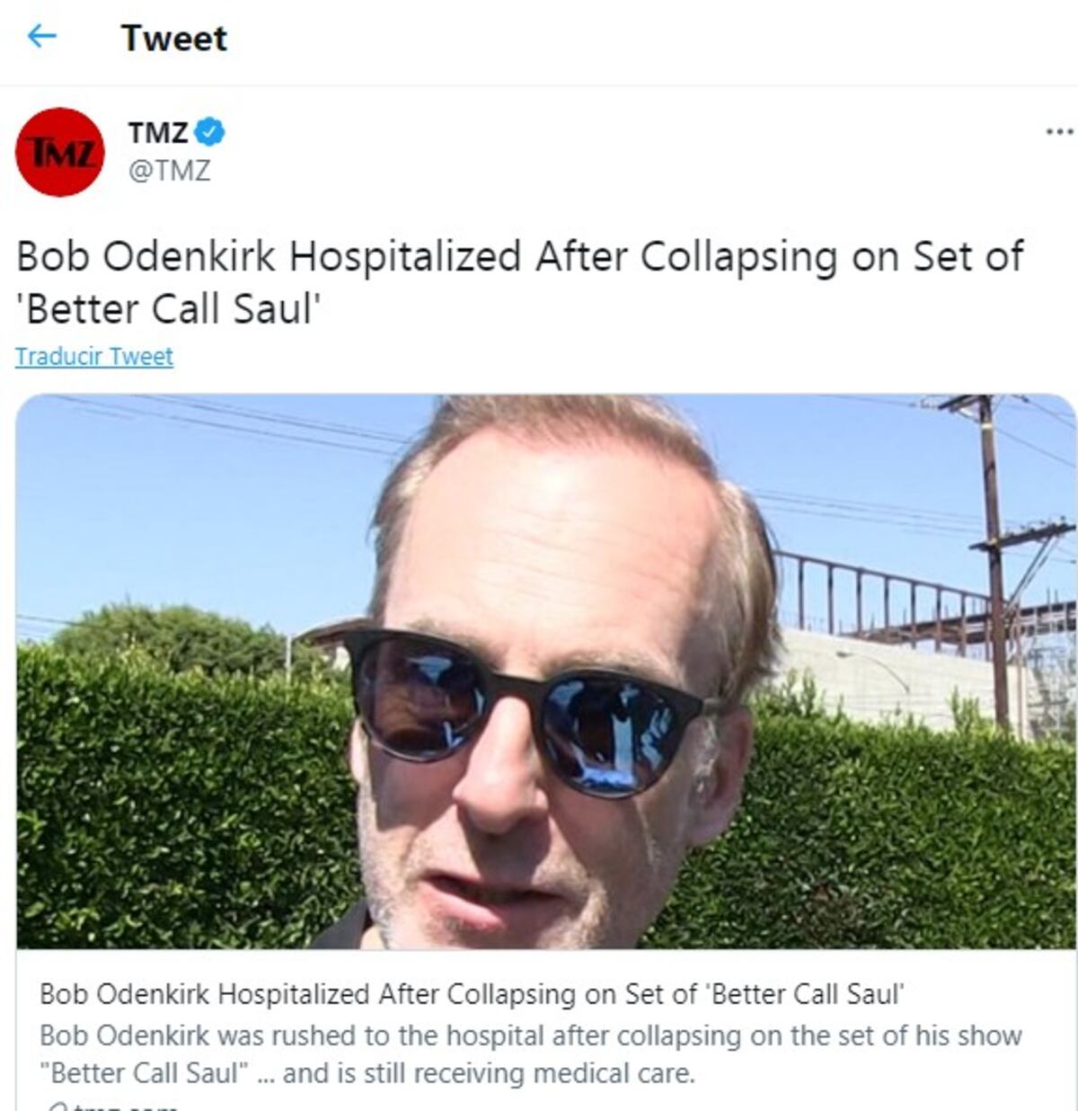 TMZ, al momento de informar sobre el desvanecimiento de Bob Odenkirk. (Twitter @TMZ)