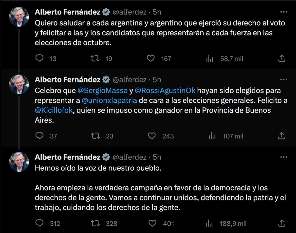 Los tuits de Alberto Fernández luego de conocidos los resultados de las Paso 2023.