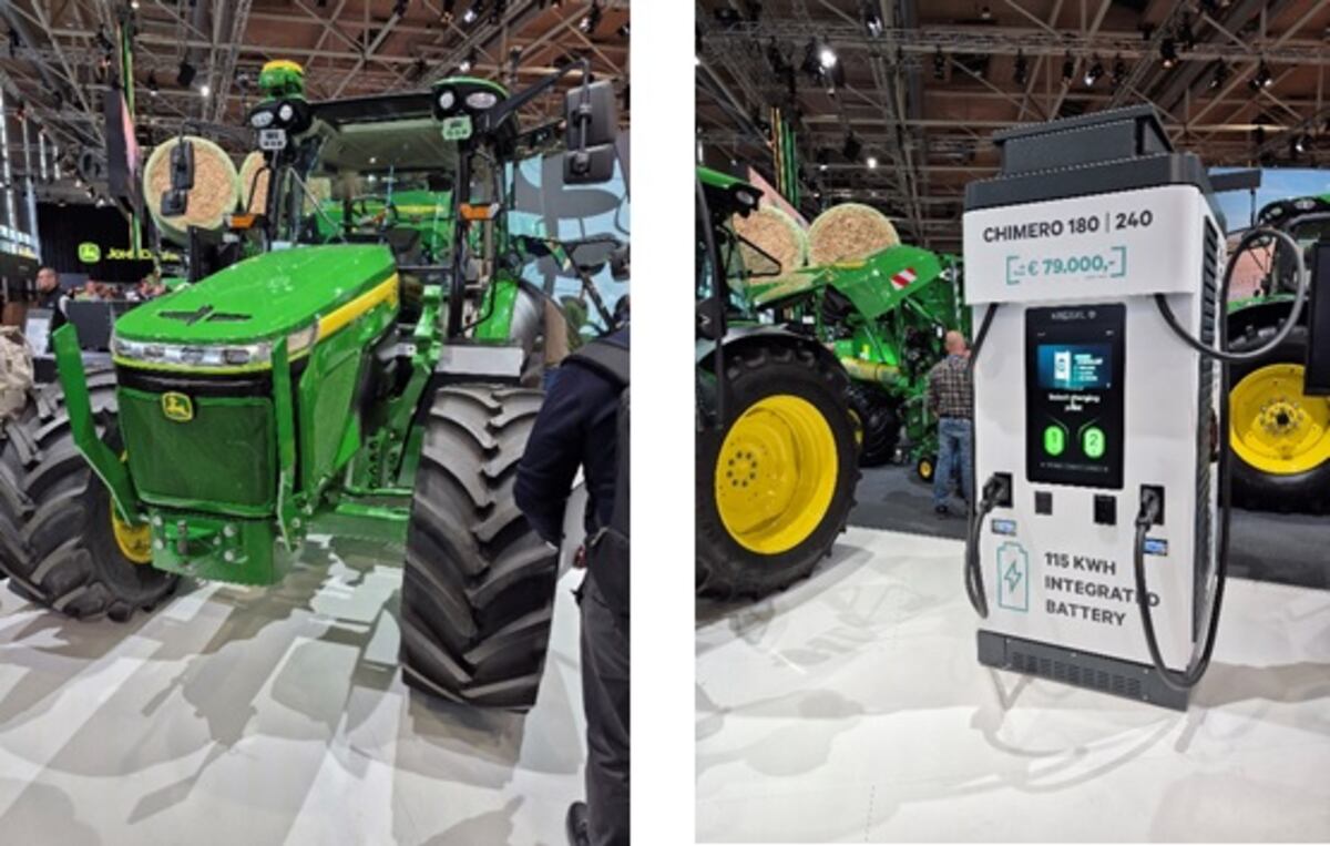 TRACTORES. Tractor John Deere E-Power (130 CV de potencia continua), desarrollado sobre una nueva plataforma de propulsión eléctrica y conducción autónoma. El sistema ofrece cero emisiones y la posibilidad de integrar hasta cinco baterías para ajustar la autonomía, con conectividad plena al Operations Center.