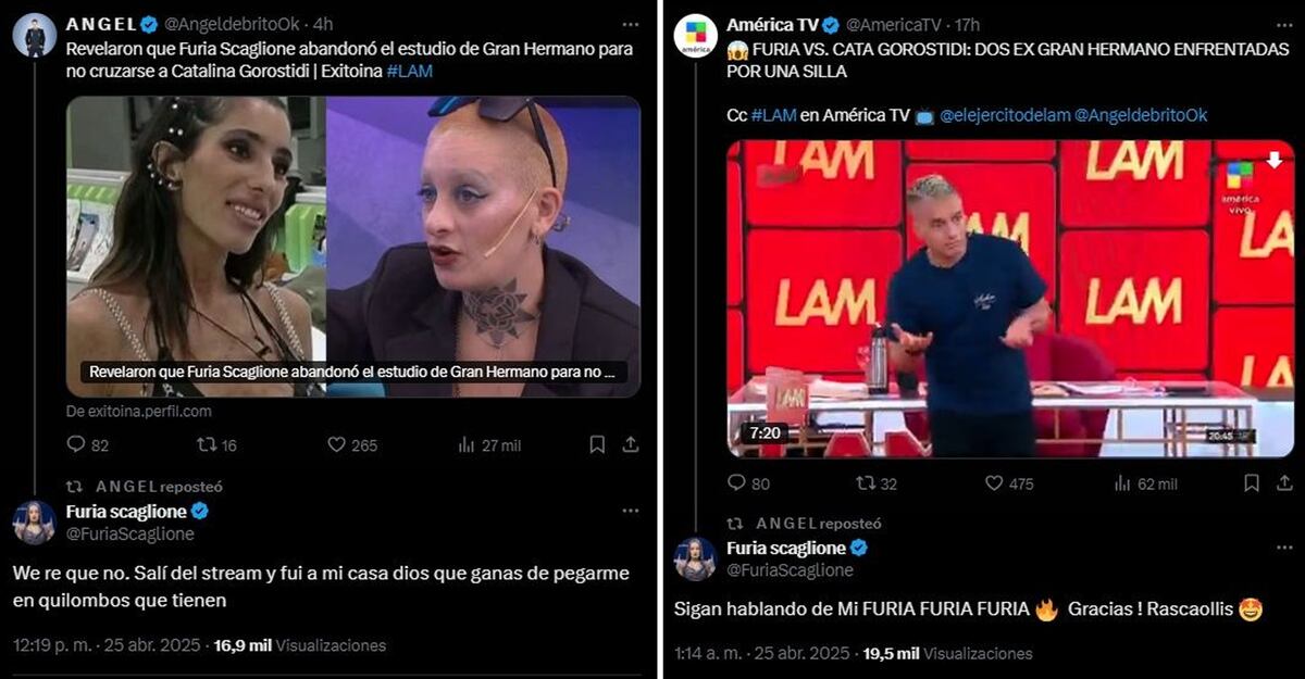Los tuits de Furia, enojada con las versiones que aseguran que se fue del debate para no cruzarse con Catalina Gorostidi. (Foto: captura de pantalla)