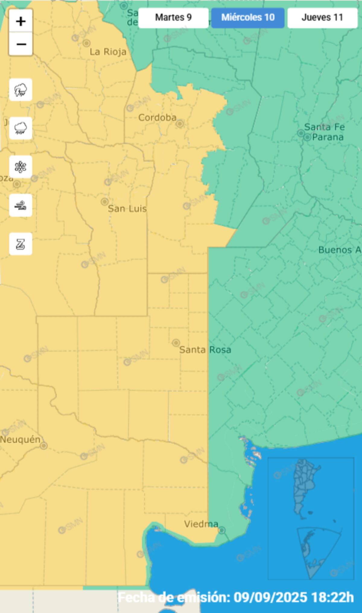 Clima. Alerta amarilla por vientos fuertes para este miércoles 10 de septiembre. (SMN)