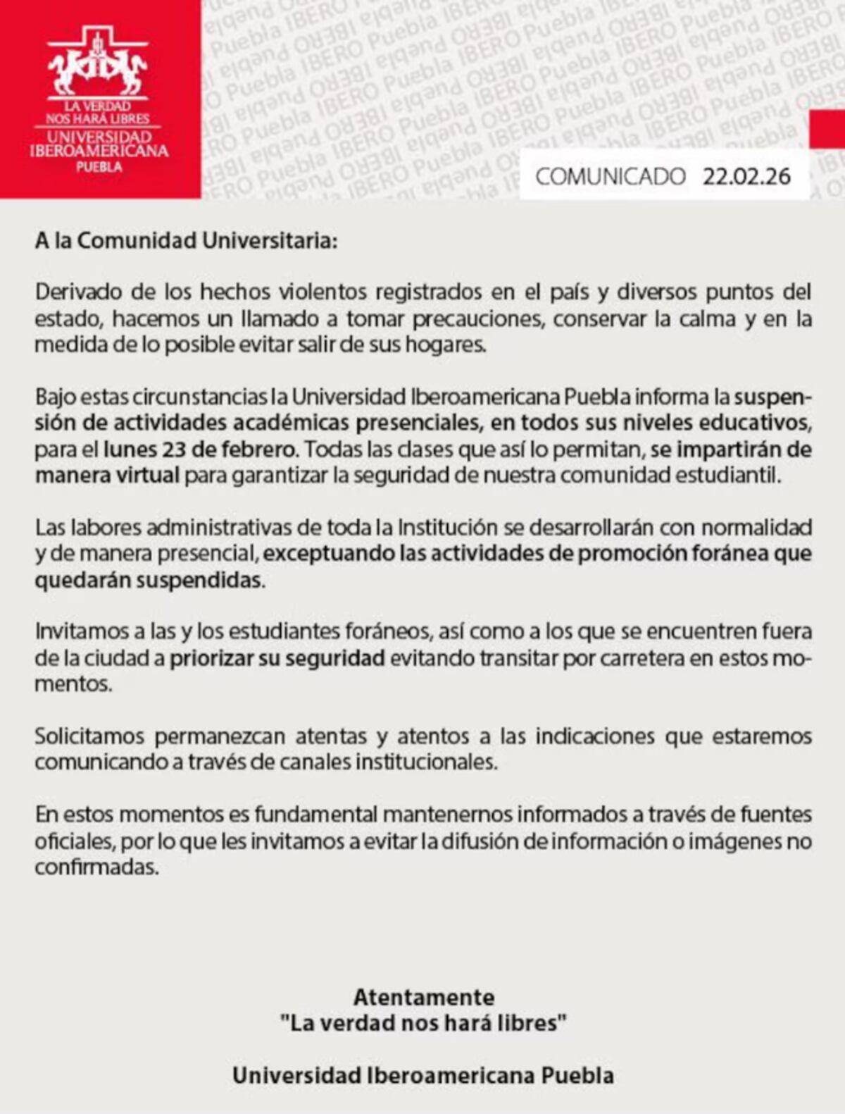 Comunicado de la Universidad Iberoamericana.