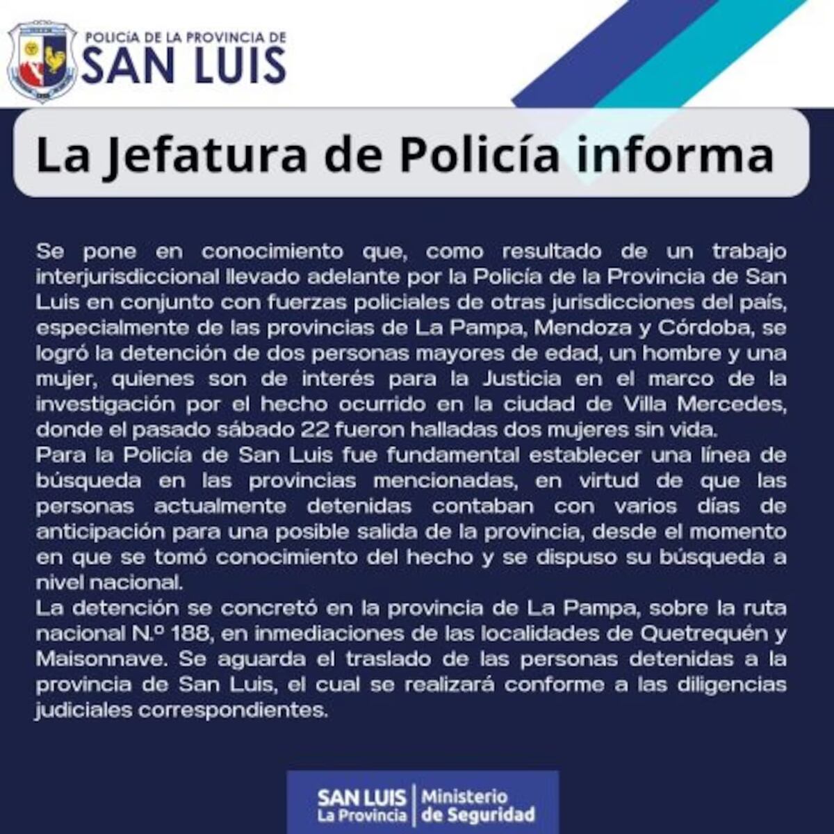 Doble crimen en San Luis: detuvieron en La Pampa a una pareja acusada del asesinato de una mujer y su hija. (Policía de la Provincia de San Luis)