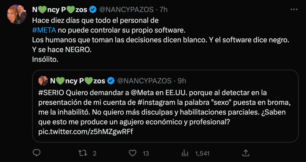 Nancy Pazos se quejó de que Meta inhabilitó su cuenta de Instagram por el uso de la palabra "sexo". (Foto: Captura de pantalla)