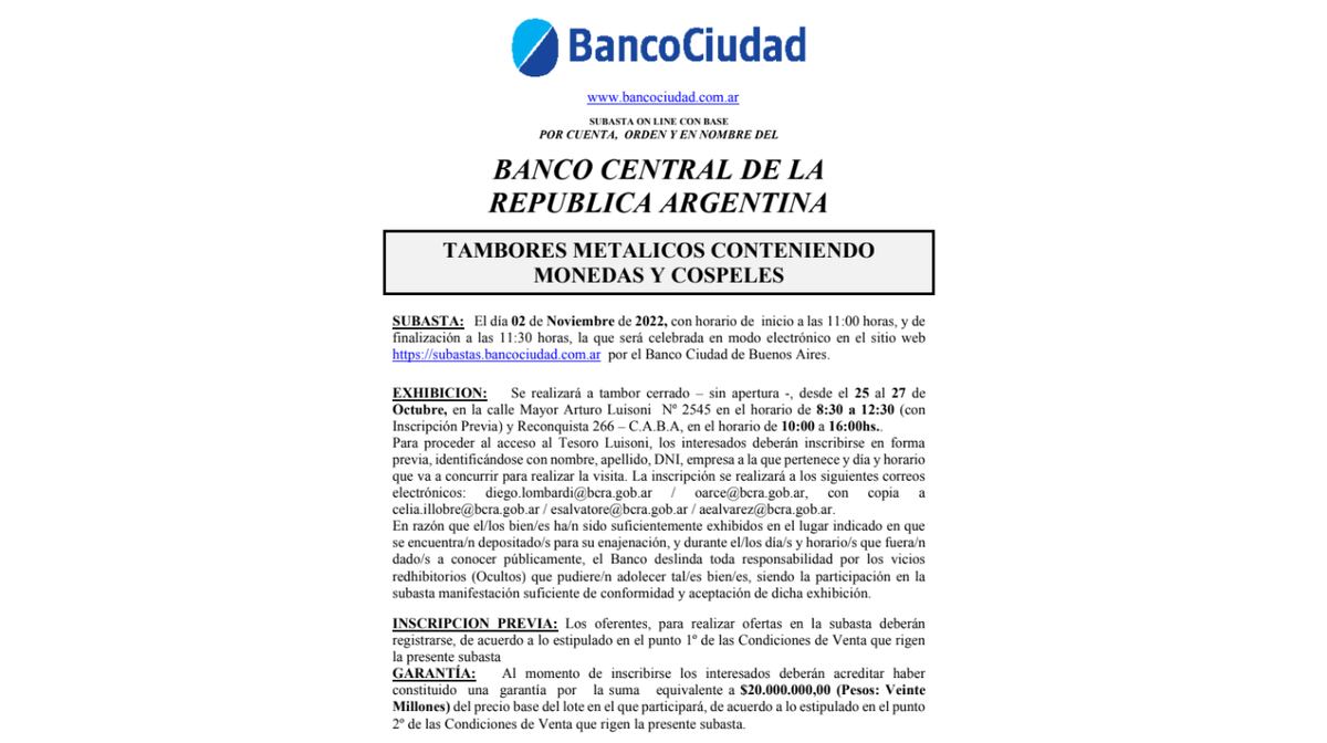 Así se informaba sobre la subasta de monedas, pactada para el 2 de noviembre.