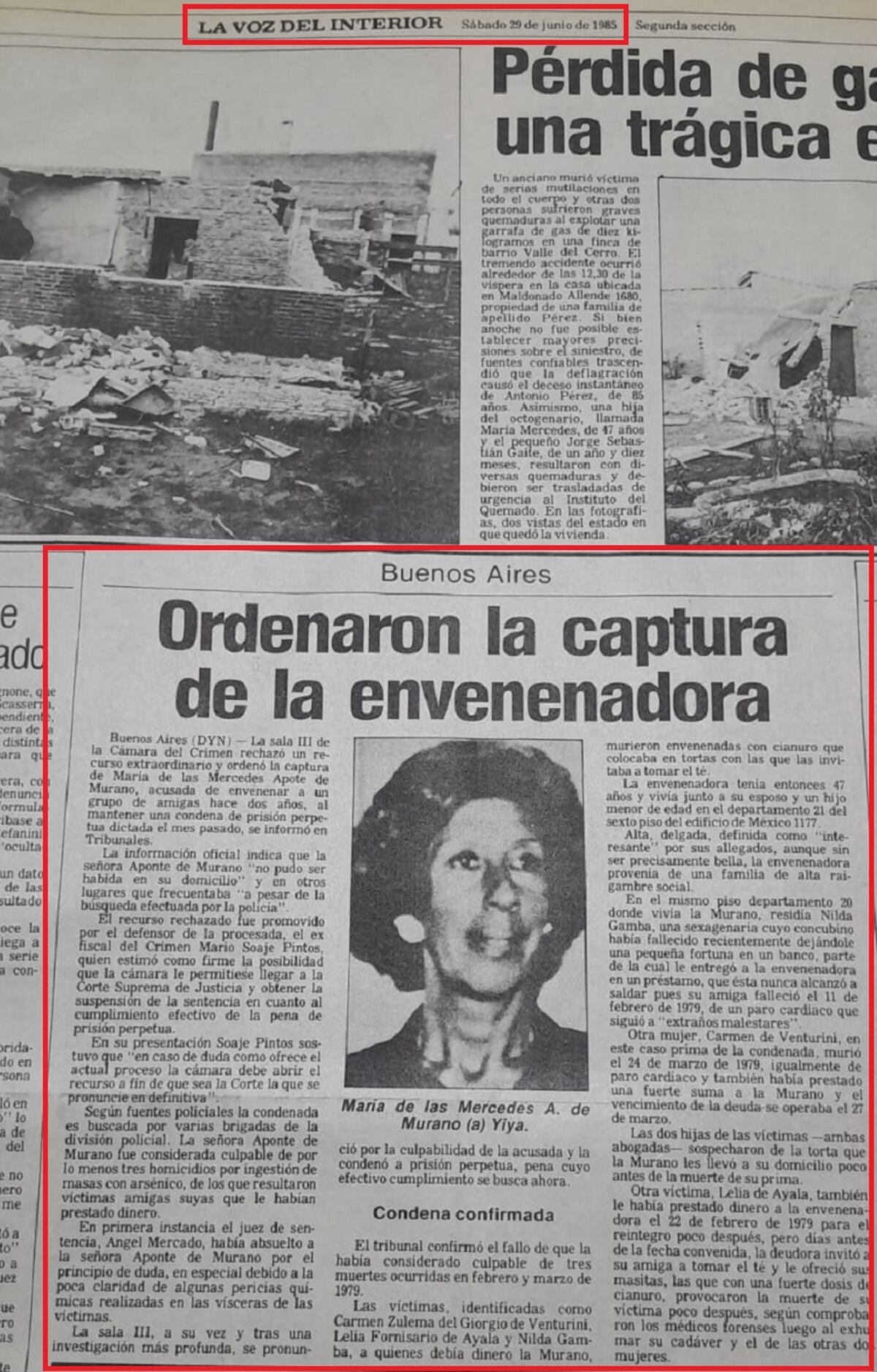 Crónica. De La Voz con el pedido de captura de Yiya Murano en 1985 (La Voz/Archivo).