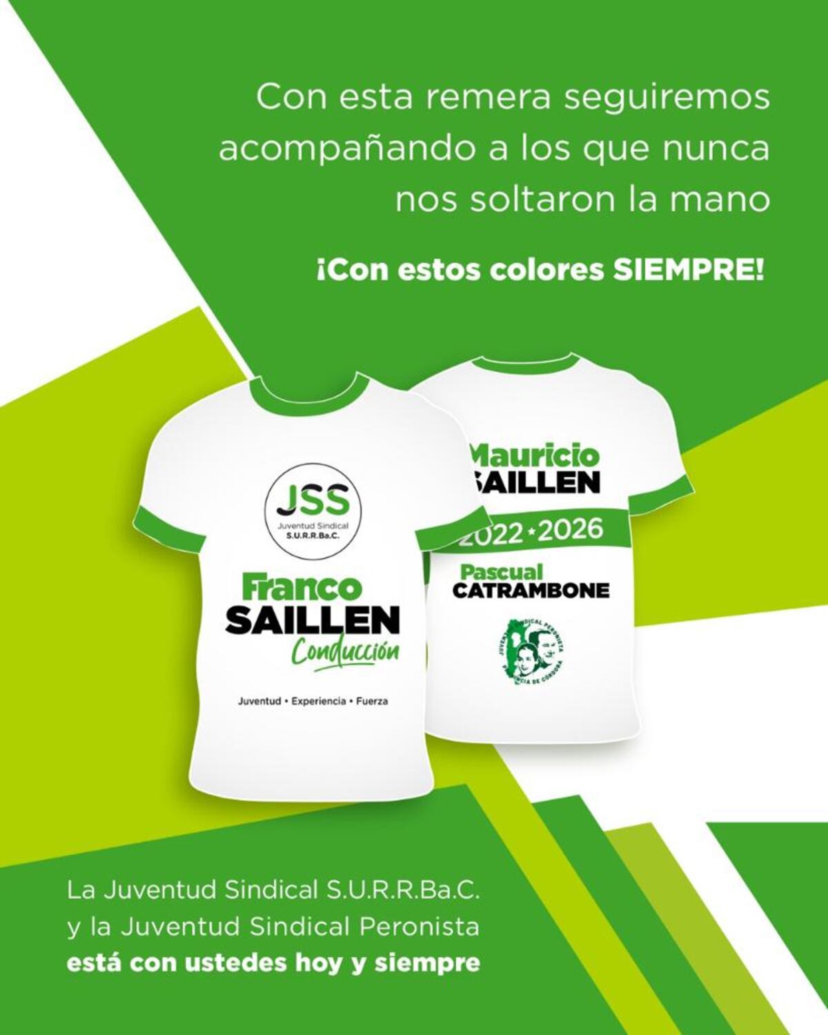 Las remeras "Saillén - Catrambone2022 - 2026" que anuncian el deseo de reelección de los gremialistas.