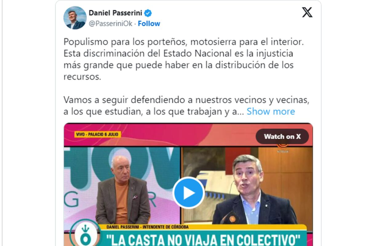 El intendente Daniel Passerini brindó una entrevista al medio Lagarto Show y habló sobre los subsidios al Amba. (Captura de X)