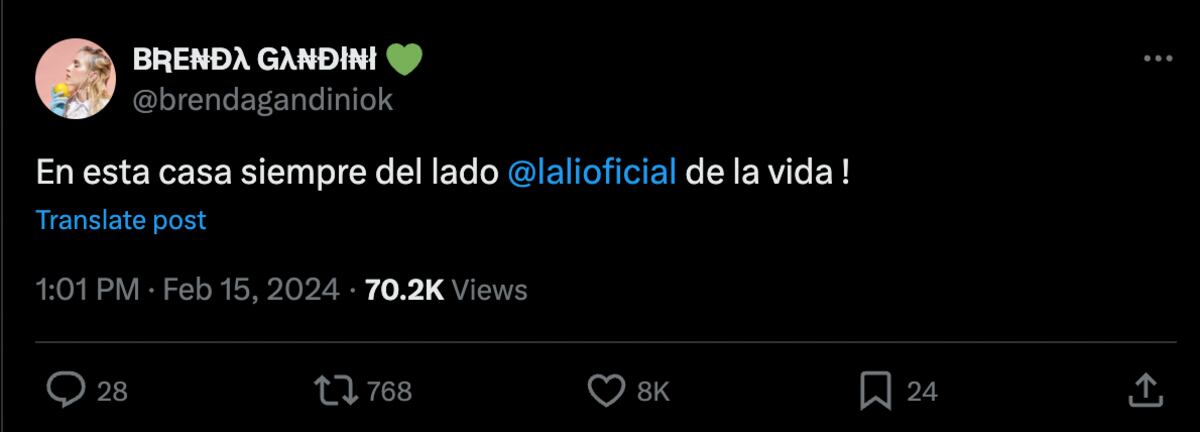 Brenda Gandini bancó a Lali. (Foto: captura de pantalla de X)