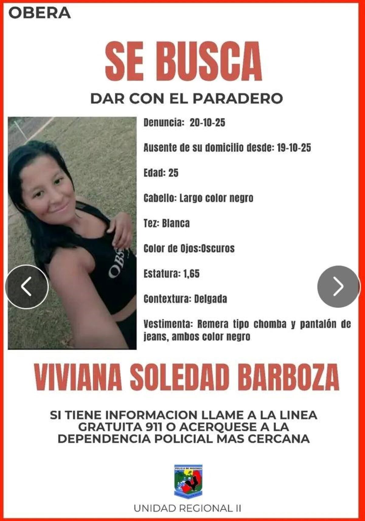 Buscan a Viviana Barboza, una joven que desapareció durante el Día de la Madre en Misiones.