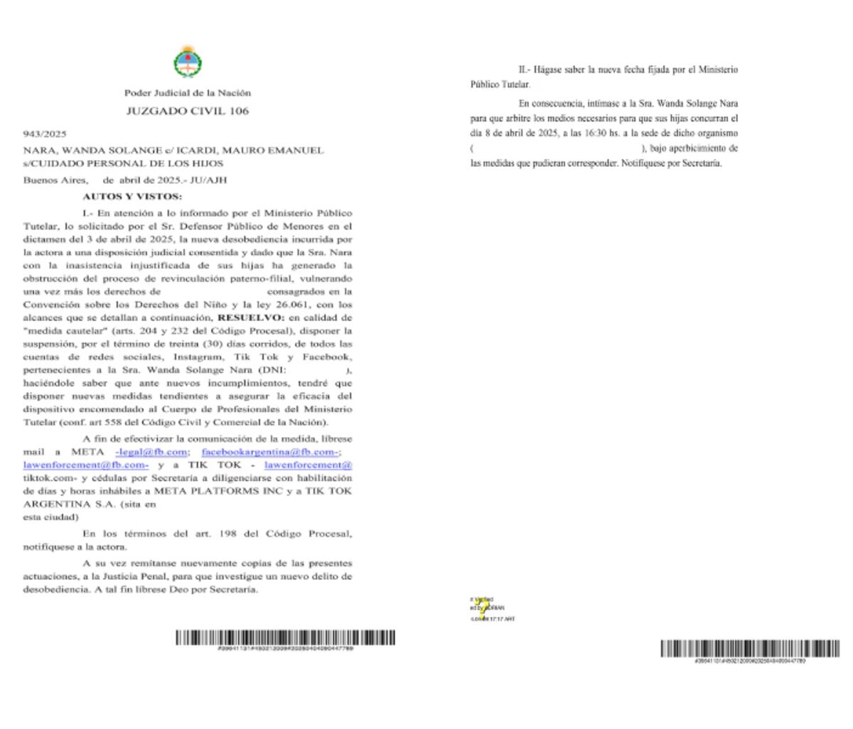 La resolución judicial contra Wanda Nara.