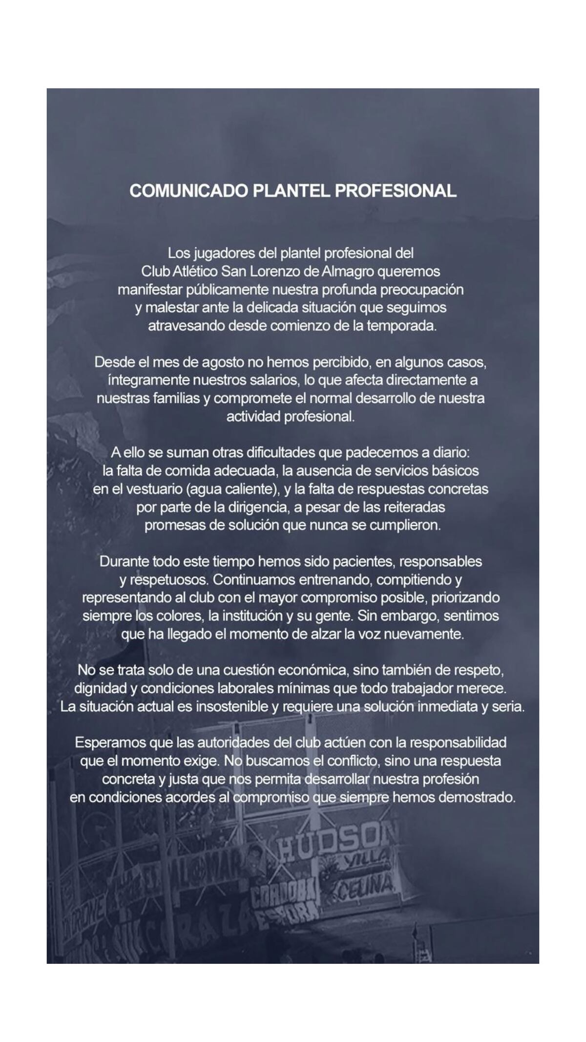 El durísimo comunicado de los jugadores de San Lorenzo: No hay ni agua caliente