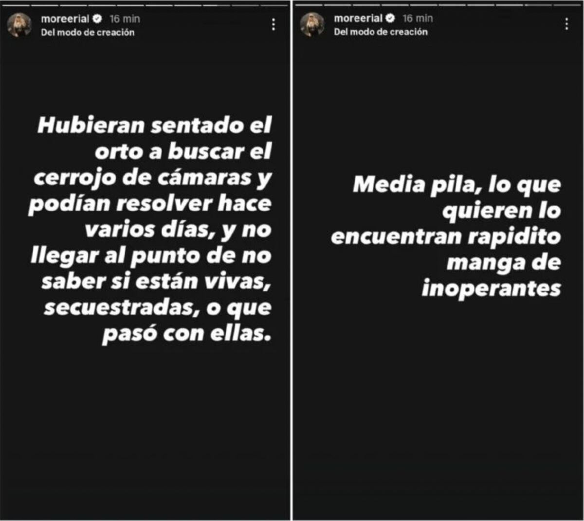 Las historias de Morena Rial expresando su indignación por la manera de operar de la Justicia en el caso de Morena Verri, Brenda del Castillo y Lara Morena Guitierrez. (Fotos: captura de pantalla de Instagram)