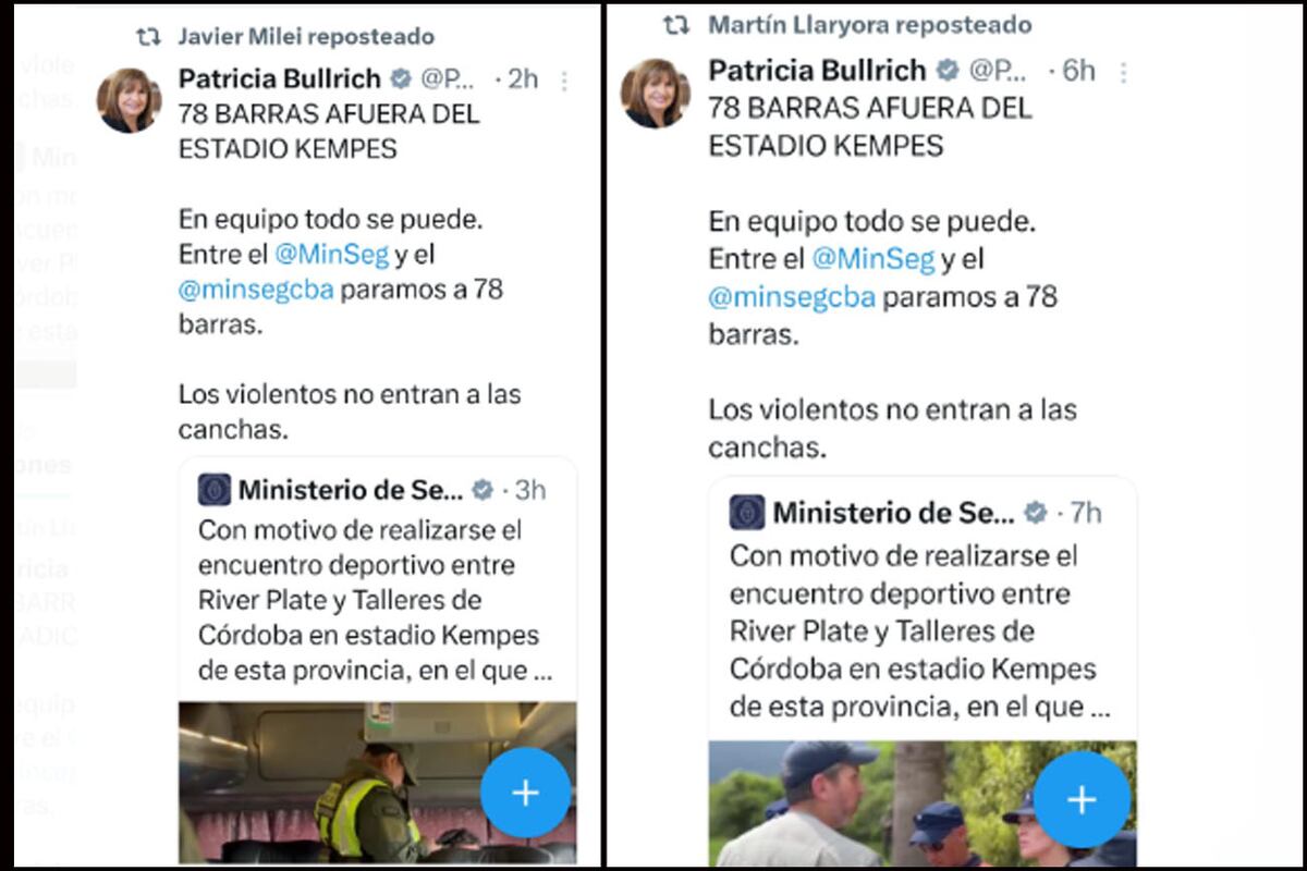Publicación de Patricia Bullrich sobre la detención de barras en el partido entre Talleres y River en Córdoba, y que fue compartida por Javier Milei y Martín Llaryora. (Redes sociales / La Voz)
