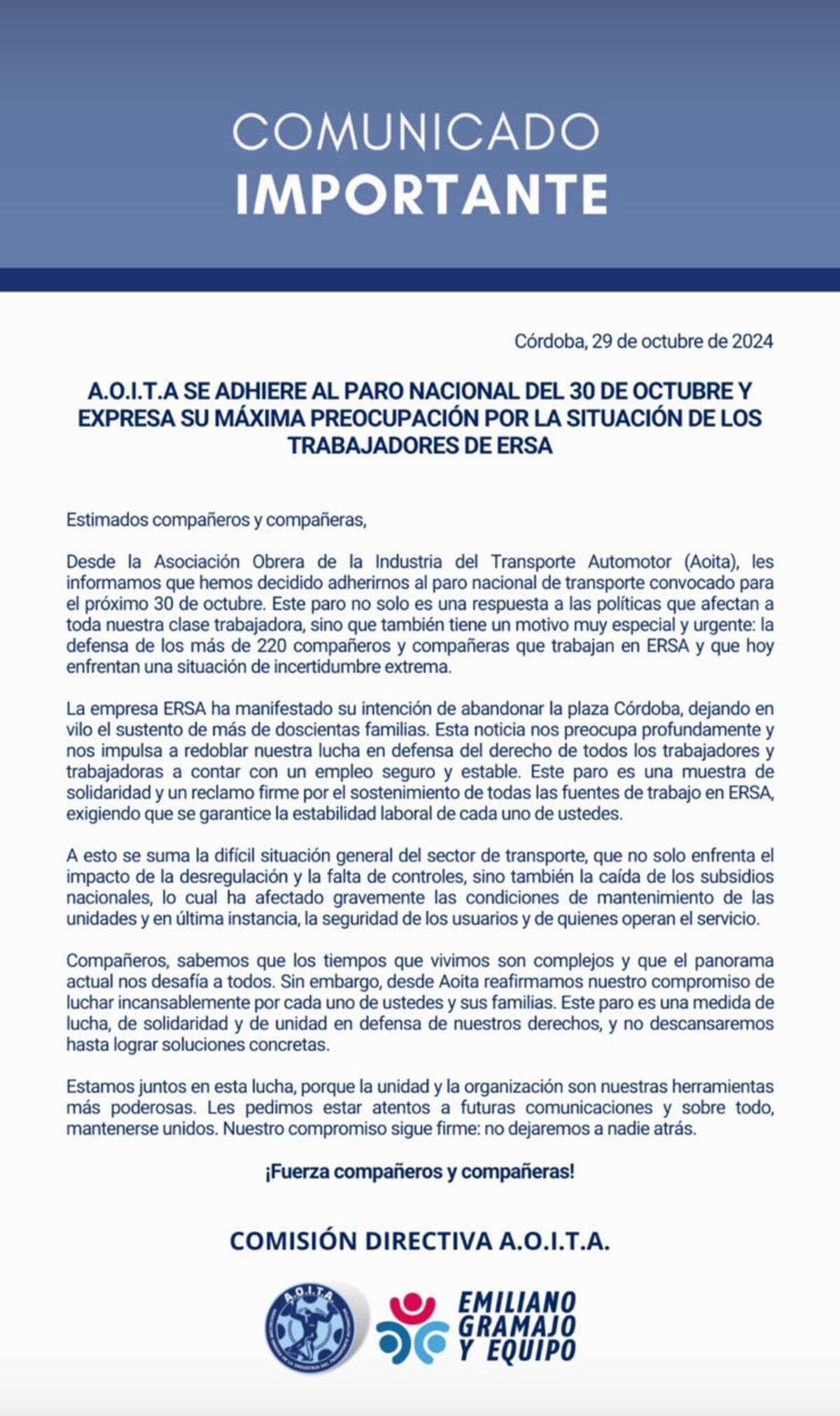 El comunicado de Aoita por el paro de transporte de este miércoles 30 de octubre.