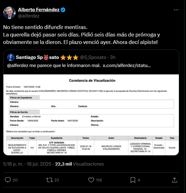 Mensajes de Alberto Fernández. (Captura)
